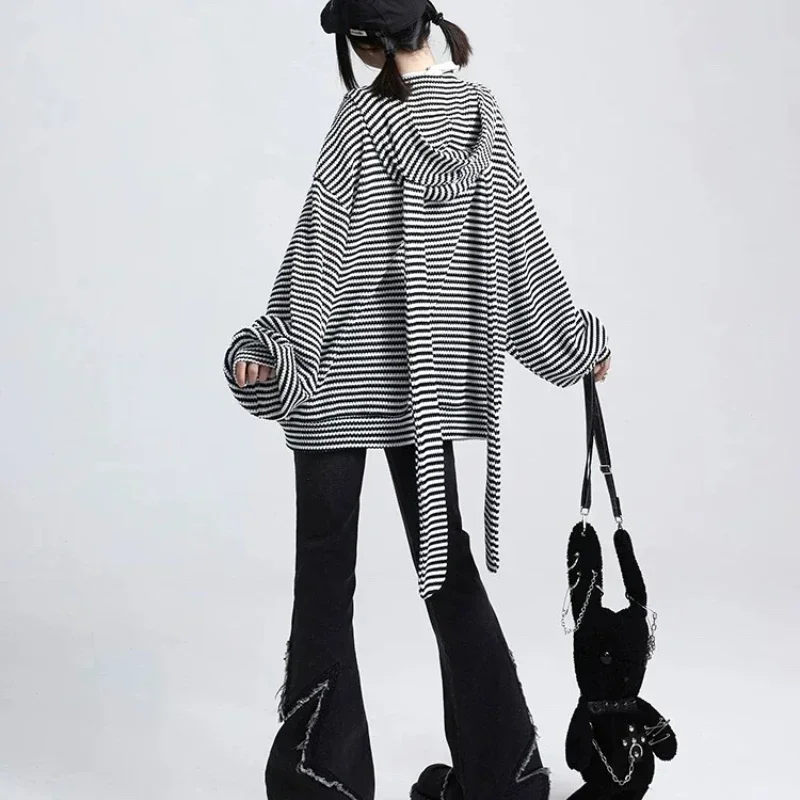 Deeptown Kawaii Bunny Ear Gestreifte Gestrickte Hoodies Frauen Harajuku Y2k Zip Up Sweatshirts Japanischen Stil Herbst Winter Hoodies