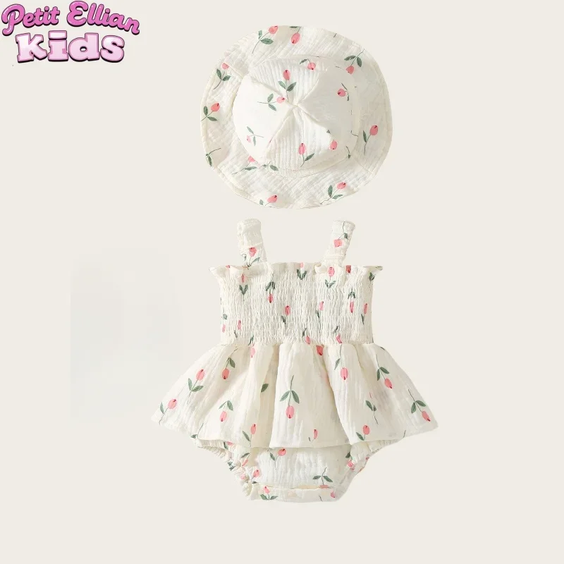 0-1Y Baby Girls Bodysuit Sleeveless Cotton Baby One Peice Tulip Print Toddler Onesie Matching Hat for Infant Baby's Clothing