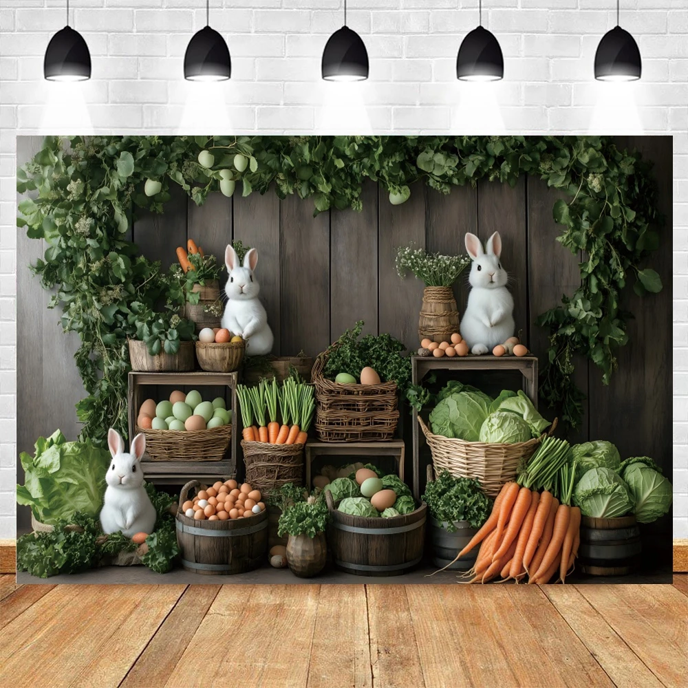 Happy Easter Backdrop Photography Spring Flowers Wood Door Carrot Rabbit Eggs Grass Cabbage Kids Birthday Party Background
