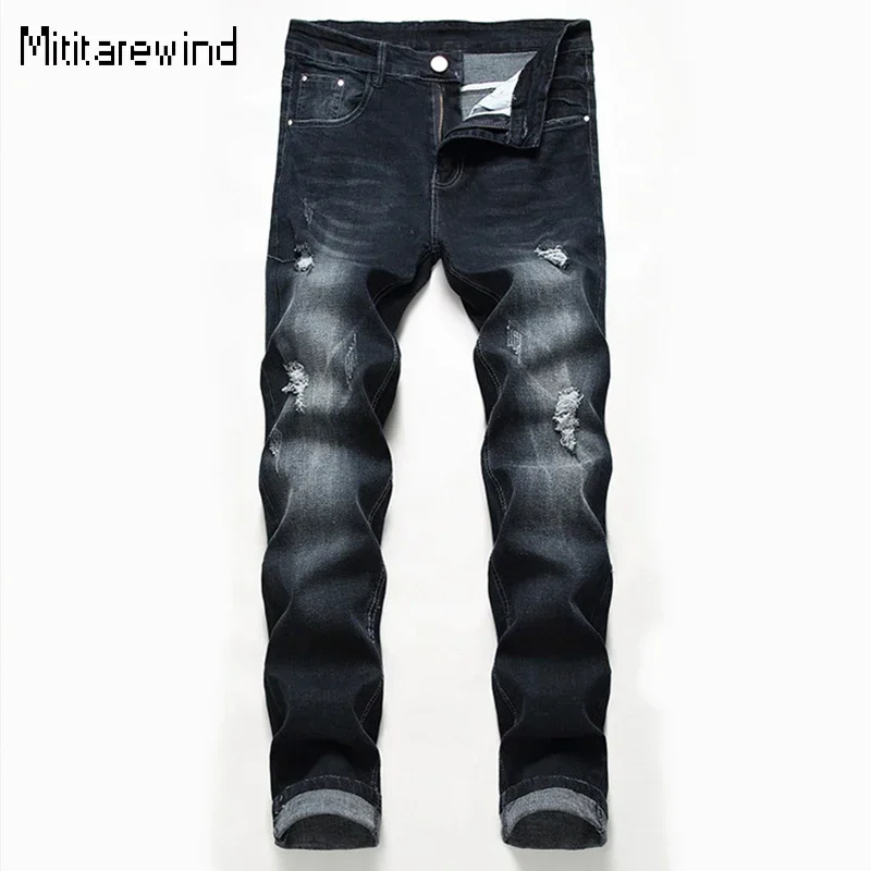 

New Blue Black Jeans Men High Street Casual Ripped Jeans Cotton Stretch Mid-waist Full Length Straight Jeans Youth Chic Pant Y2k
