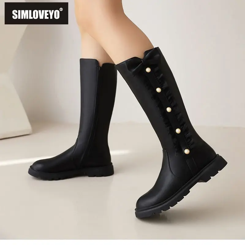 أحذية SIMLOVEYO النسائية الجديدة لمنتصف العجل فارس بمقدمة مستديرة وعقدة على شكل فراشة مقاس صغير 31 32 33 شتاء جانبي