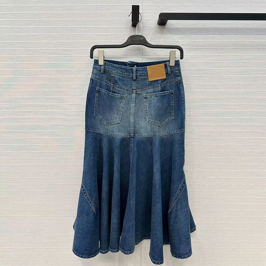 2025年秋新作 ヴィンテージ風 エレガント ブルーデニム フィッシュテールスカート レディース ハイウエスト フリル パッチワーク スリムフィット スイート ロングスカート