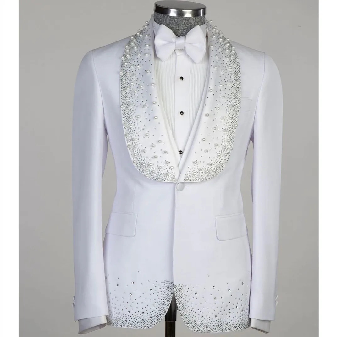 White Men's Suits Tailored 2 Pieces Blazer Vest One Button Wide Lapel Beads Pearls Diamonds Wedding Formal Custom Made Plus Size