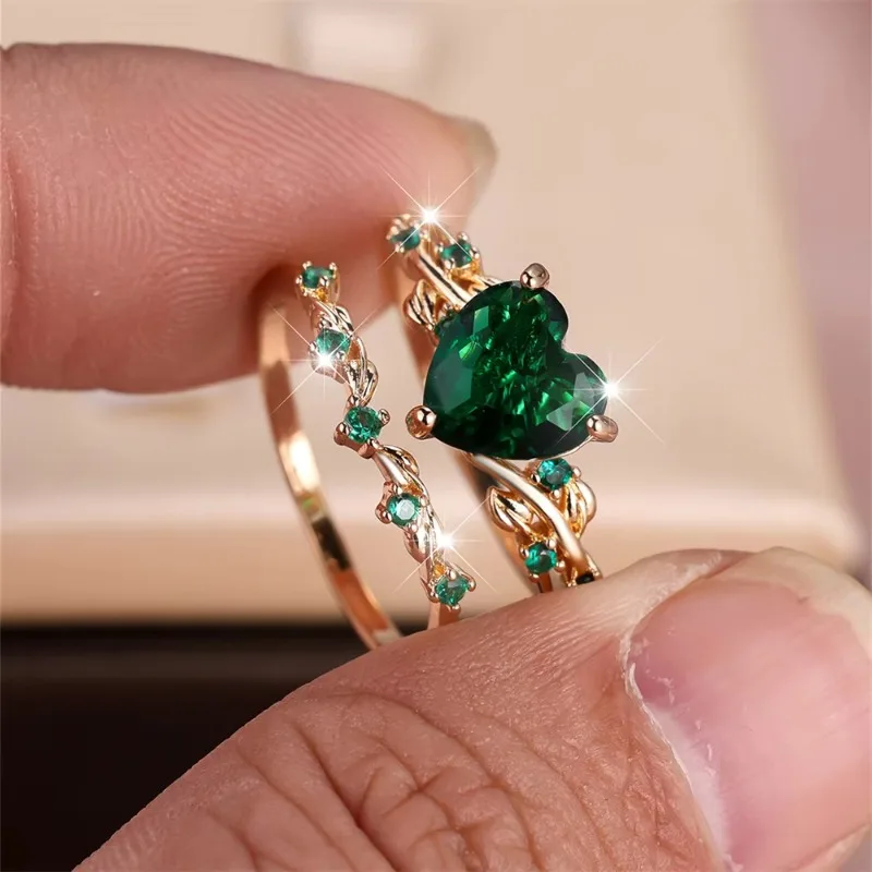 Conjuntos de anillos de corazón de piedra azul real, verde, negro y rojo para mujer, Color oro rosa, circonita blanca, alianzas de boda para novia, joyería para el día de la madre
