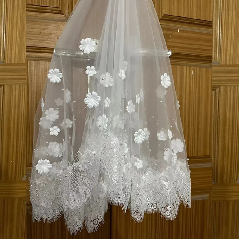 Stock Ivory 1.5m X 1.5m Wedding Veils One Layer 3d Flower Lace Edge Bride Bridal Accessory velo de novias voile de mariée