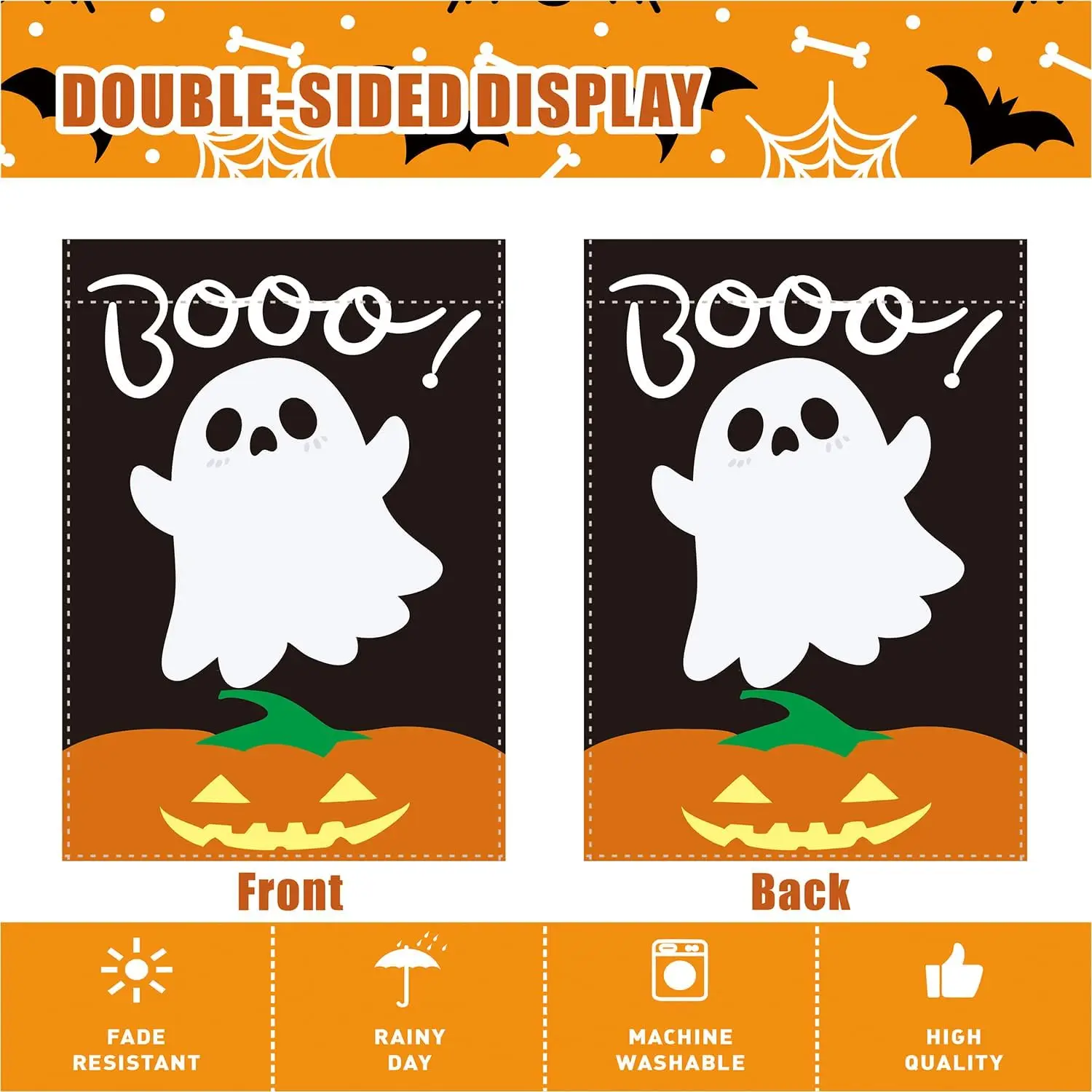 هالوين شبح حديقة العلم اليقطين شبح بو أبيض وأسود برتقالي 12x18 على الوجهين هالوين عطلة حفلة فناء ديكو FFI