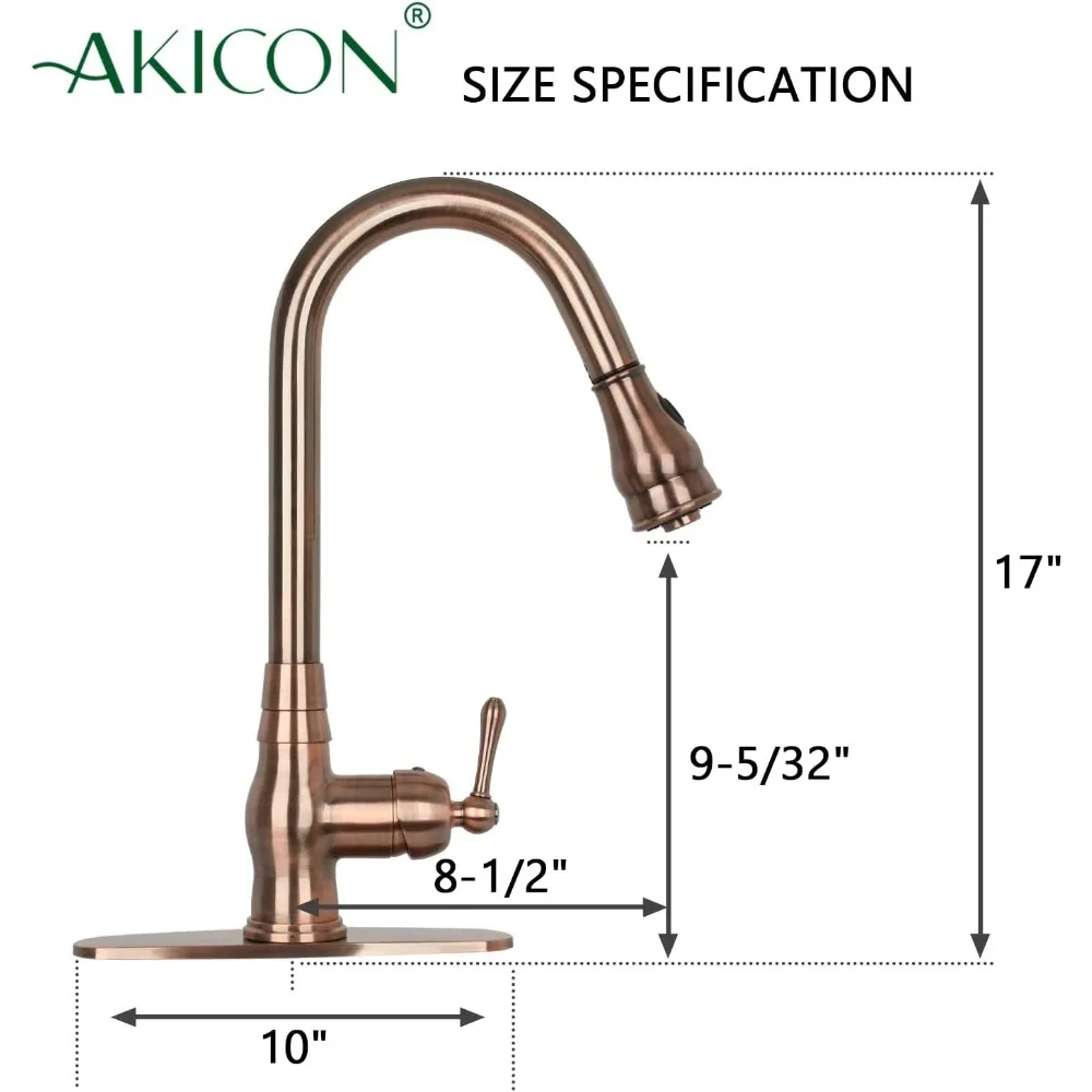 Antique Copper Single Level Solid Brass Pull-Down Kitchen Faucet with Deck Plate for Sink, One-Handle Design