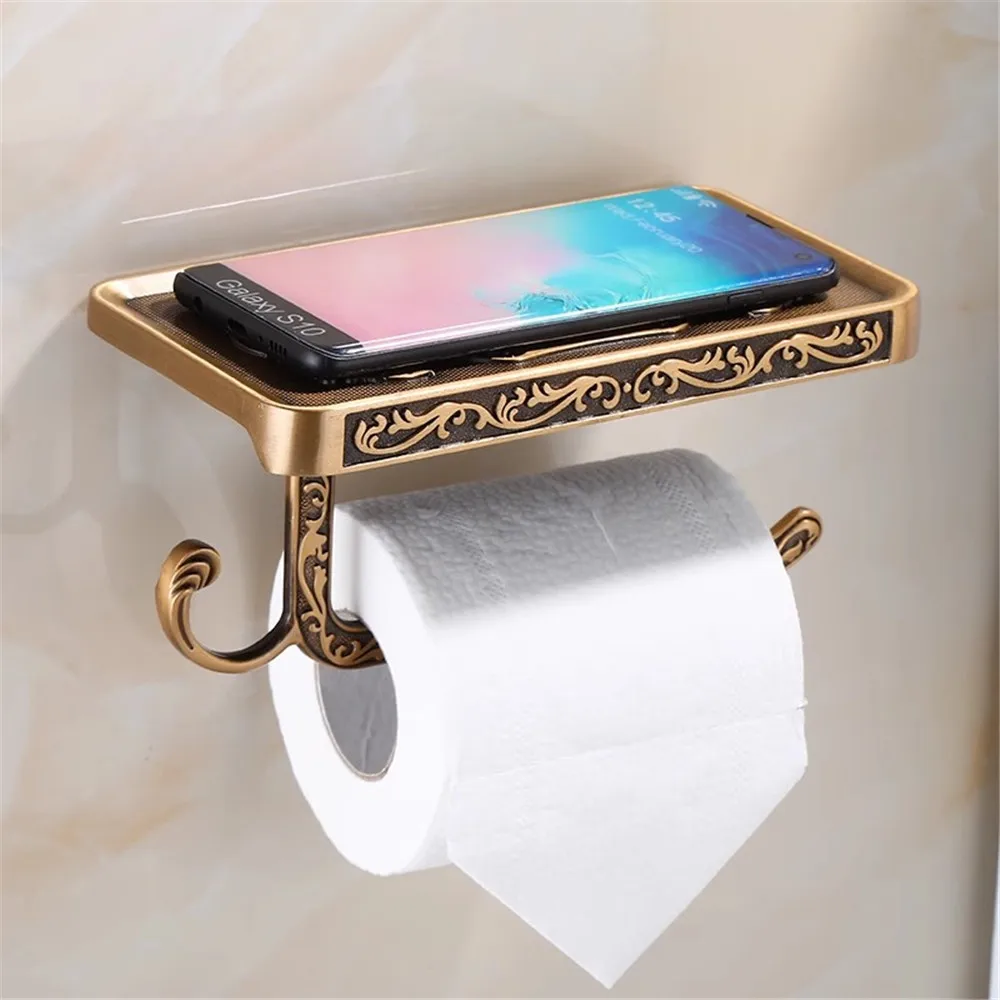 

Держатель для туалетной бумаги с молочным кремом, антикварный держатель для рулона бумаги для ванной комнаты, алюминиевый держатель для рулона бумаги с полкой для хранения телефона