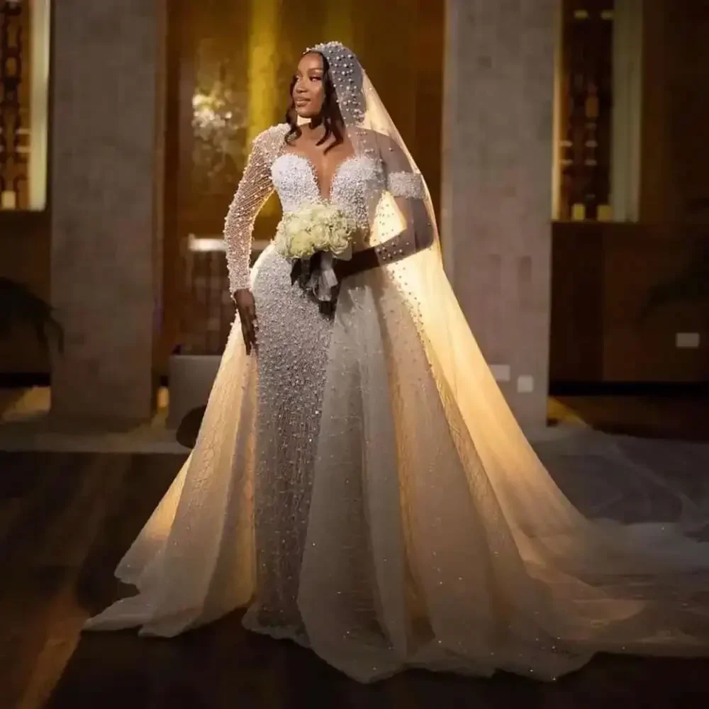 Customized Sheer Neck Sparkly Pearls Beads Wedding Dress with Removable Train Robe De Mariee Luxe Long Sleeves   Bridal Gown