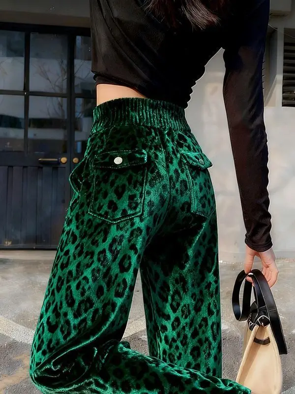 New Fashion Green Leopard Women's Pants Casual Slim High Waist Straight Velvet Wide Leg Pants High End Ankle-Length Trousers