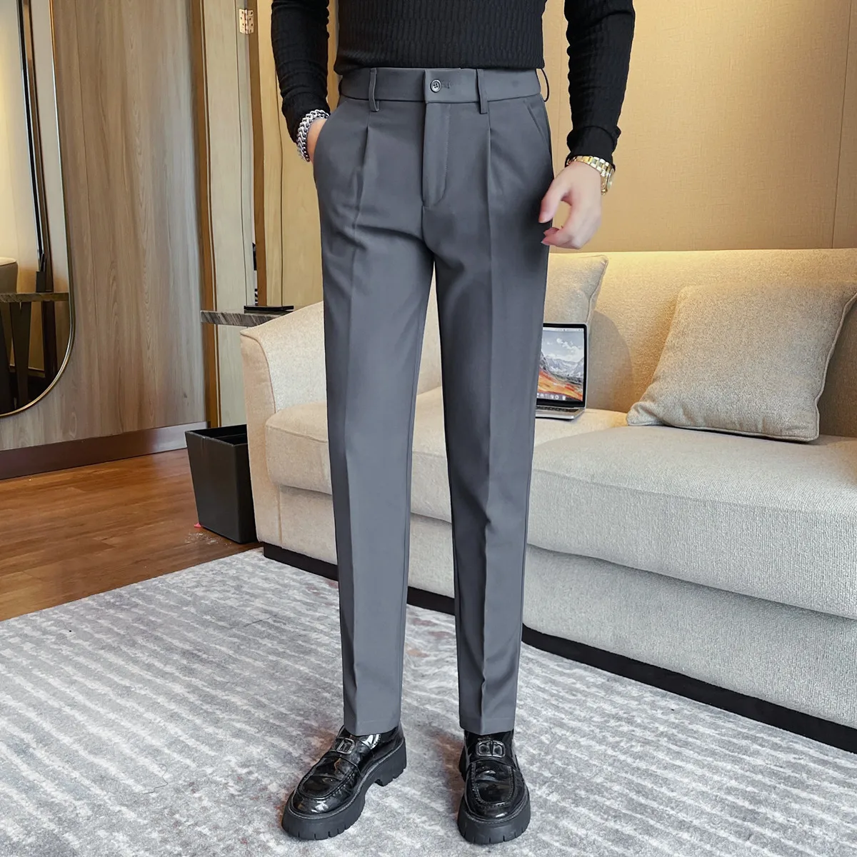 

Осень-зима, мужские повседневные брюки, облегающие эластичные деловые брюки без глажки, универсальные брюки для социального костюма без глажки