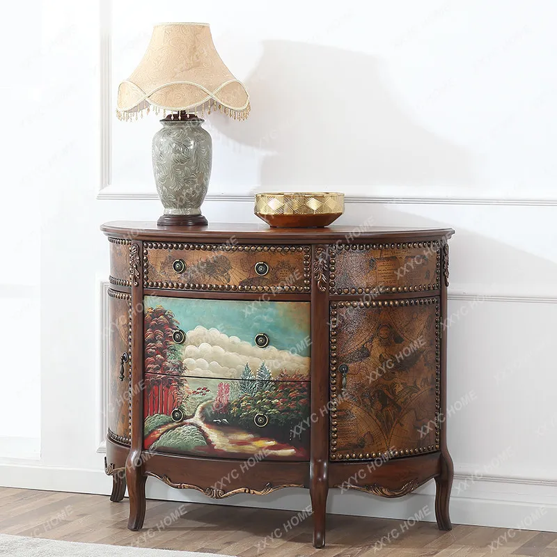 Rural semicircular entrance cabinet Entry foyer decorative cabinet Mediterranean retro painted storage storage side cabinet