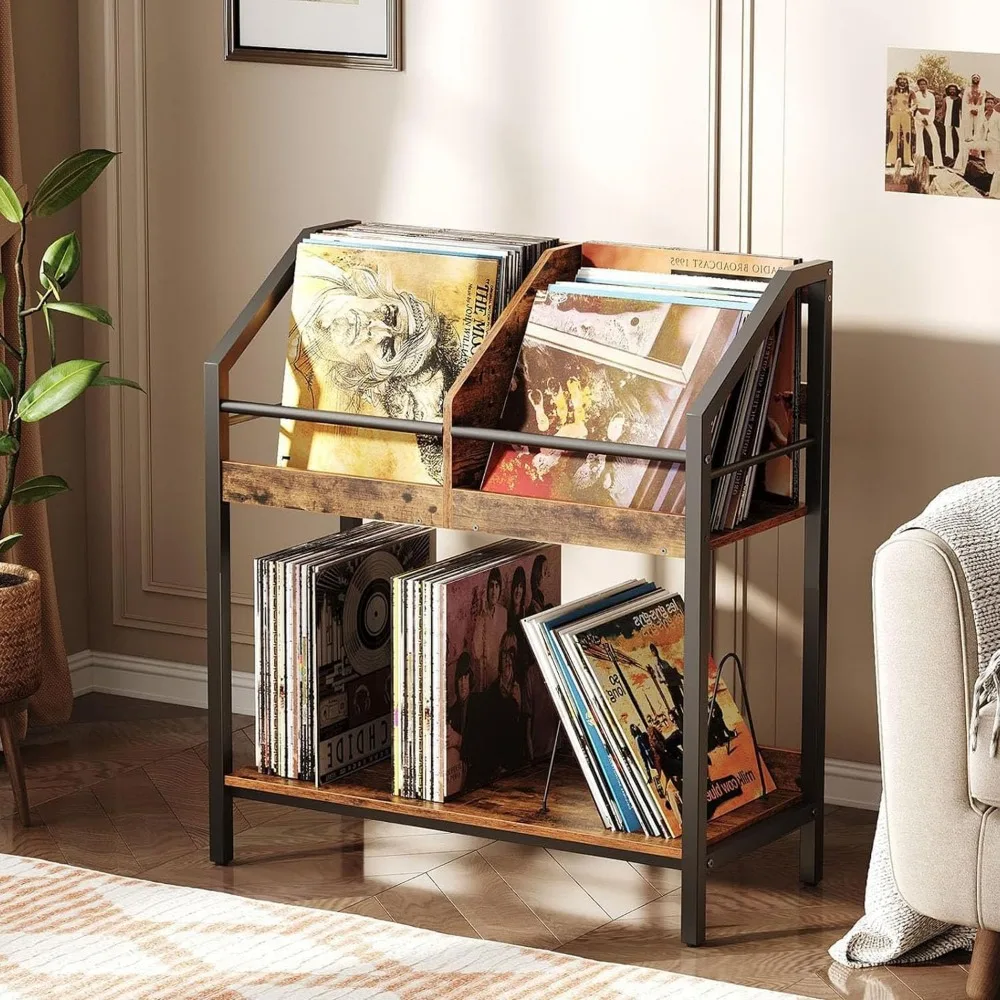 

2-Tier Wooden Vinyl Record Storage Rack with Wire Dividers for Albums, CDs, and Books in Rustic Brown and Black