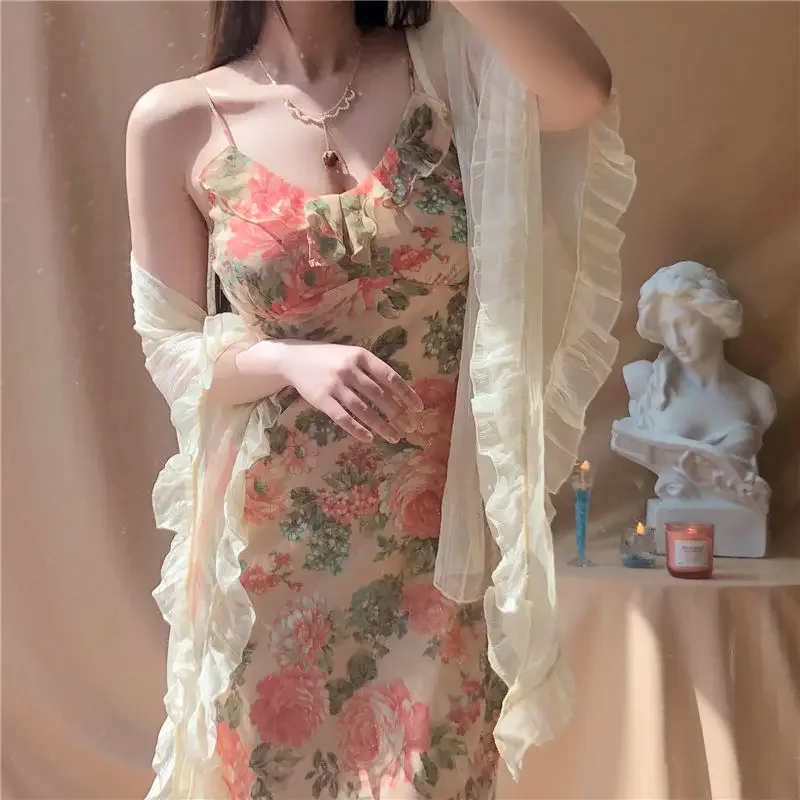 

French Sweet Vintage Floral Dress Women Casual Spaghetti Strap Beach Dress Female Summer Office Lady One Piece Dress Korean