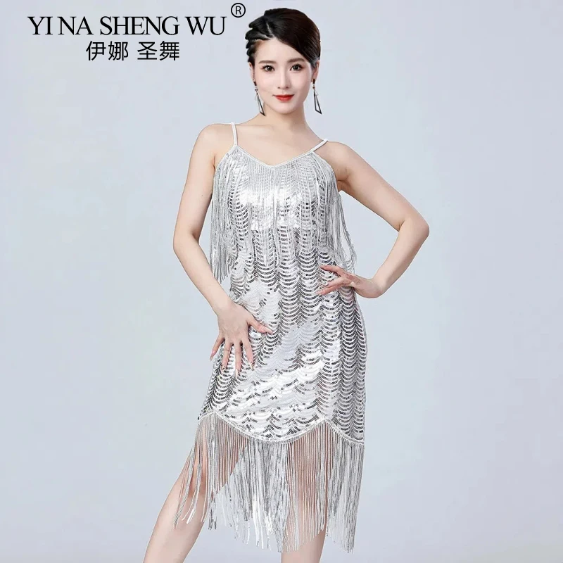 Robe de danse latine à franges pour femmes, nouvelle collection, Sexy, écharpe, paillettes, pompon, Costume de danse de salle de bal moderne, robe de Cocktail Gatsby
