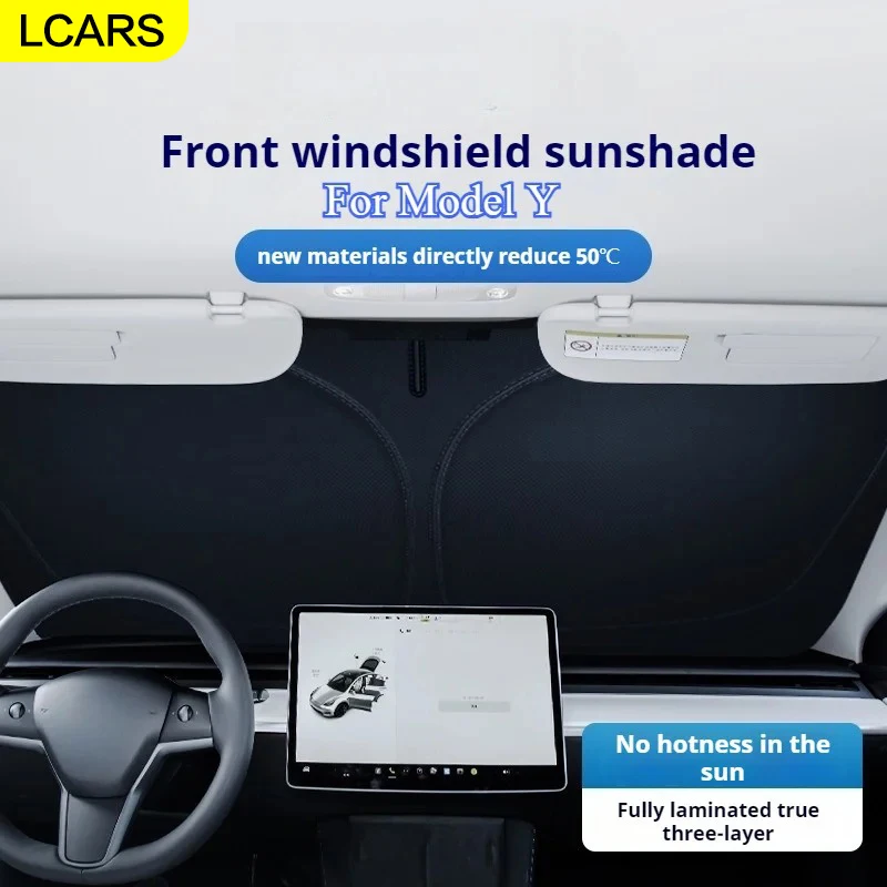 Suitable for Tesla Model Y New and Old Models, Lcars Titanium Silver Front Windshield Sunshade, Thickened Multi-Layer Reverse Light-Blocking Car Accessory, Vehicle-Specific, Not Compatible with Model 3