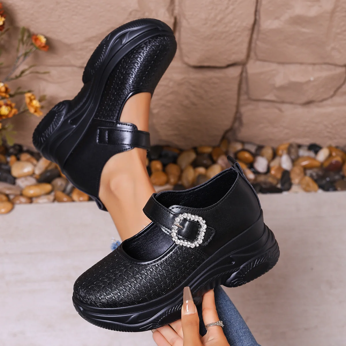 Rhinestone Buckle Thick Bottom Mary Jane Shoes Women Spring White Black Patent Leather Wedge Sneakers Lady Height Increase Shoes - view 6