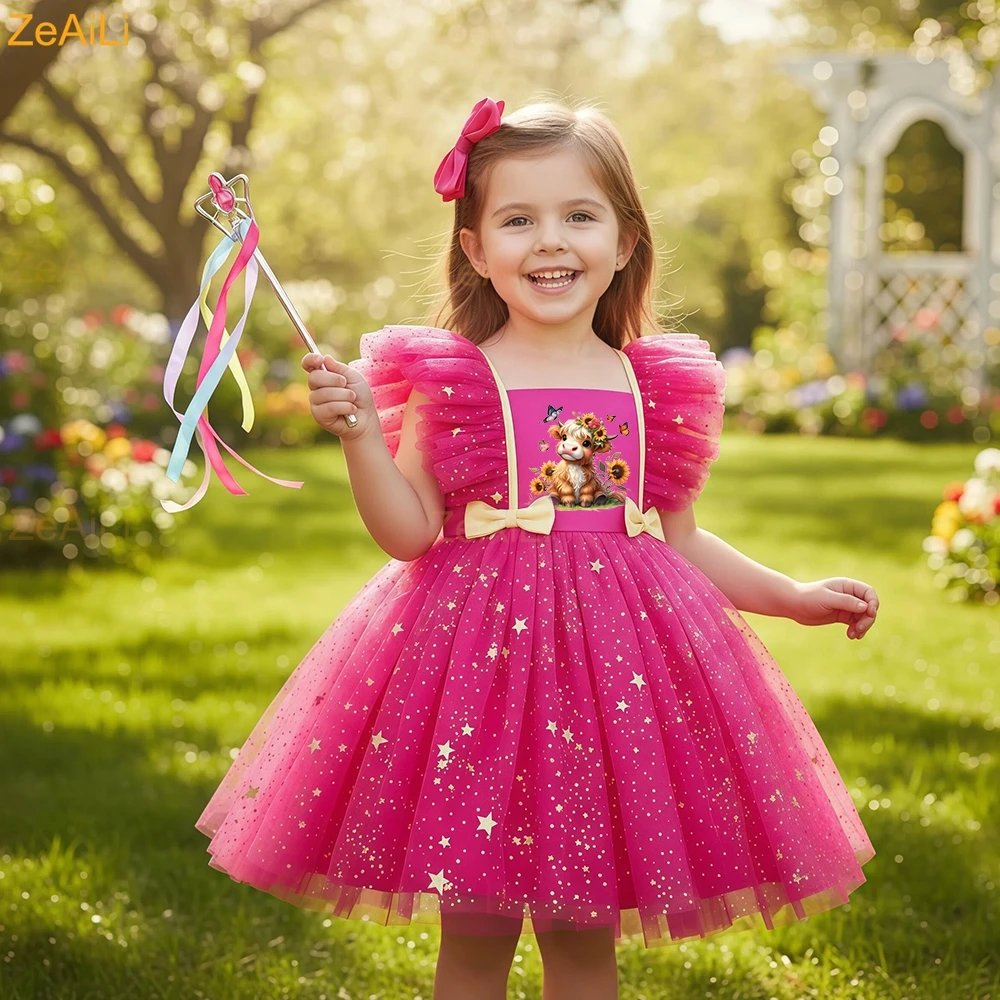 Highland Cow Sunflowers Cat Dog Princess Dress for Girls Sequined Star Ruffle Bow Tutu Baby Formal Gala Prom Gown Kids Costume