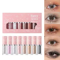 Liquid Eyeshadow Eight-Piece Set Box with Dazzling Shimmer, Fine Glitter, Bright Crystal Pearl Shimmer, High-Gloss Highlighter, Brightening and Contouring Eyeshadow Liquid