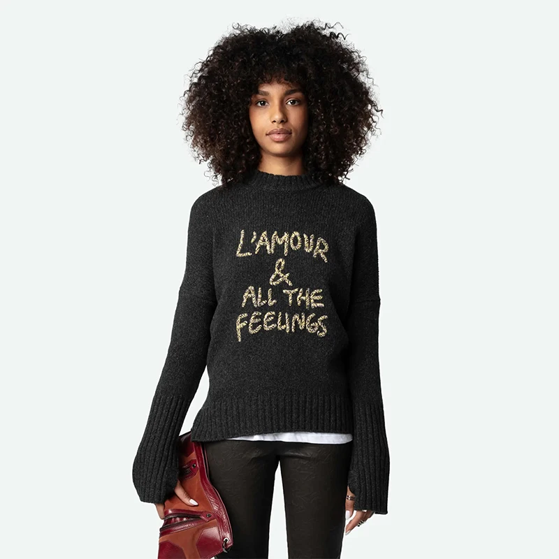 Zadig Winter Sweater Women Black Cashmere Sweaters Fashion Print Knitwear Top Female Casual Loose Sweaters Ladies Pullover Tops