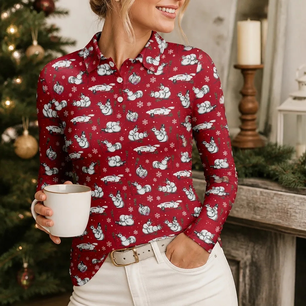 Fall Party Top Women's Santa Claus Long-Sleeved Sporty Polo Shirt, Holiday Print Casual T-Shirt, Fashionable Street Style
