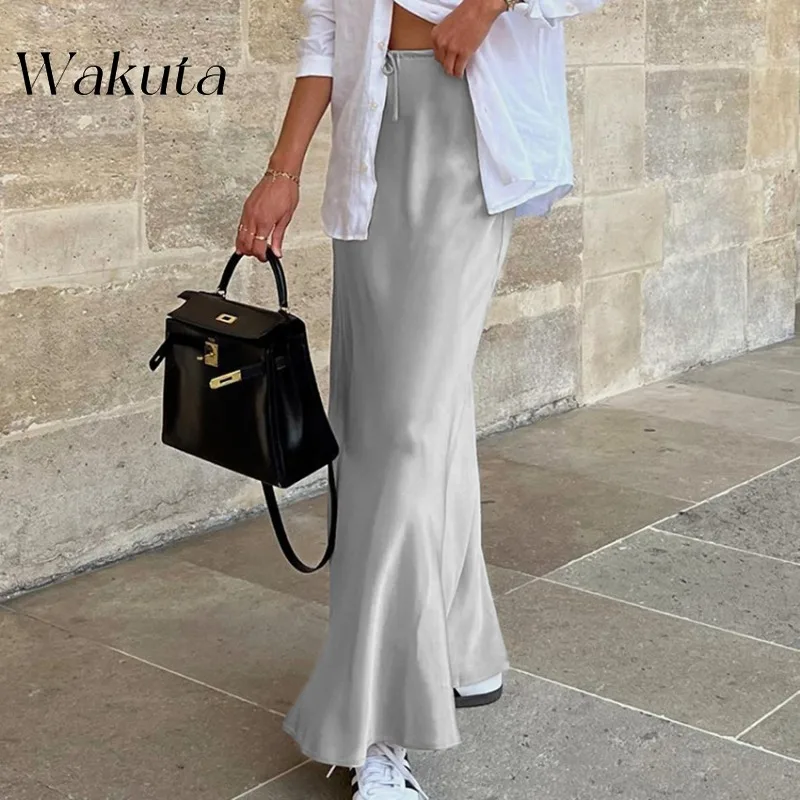 WAKUTA 2024 Fall French High Waist Tie Commuter Maxi Y2K Skirt Temperament Slim Versatile Fishtail Long Vestido Elegante Mujer