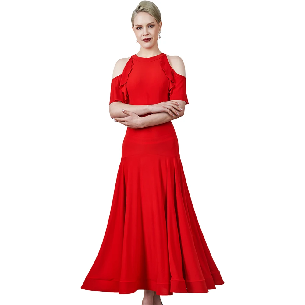 New Sexy Modern Dance Dress National Standard Women Ballroom Dance Dresses Top Grade Shoulder-less Red Waltz Performance Costume