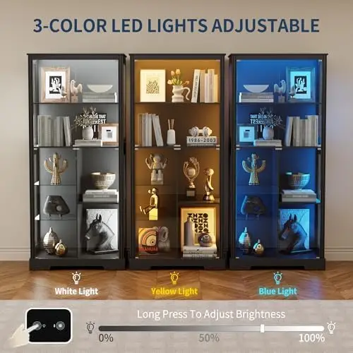 71'' Display Cabinet with 5-Tier and 3 Color Lights for Collectibles,Black | Curio Cabinet with Removable Glass Shelf view 4
