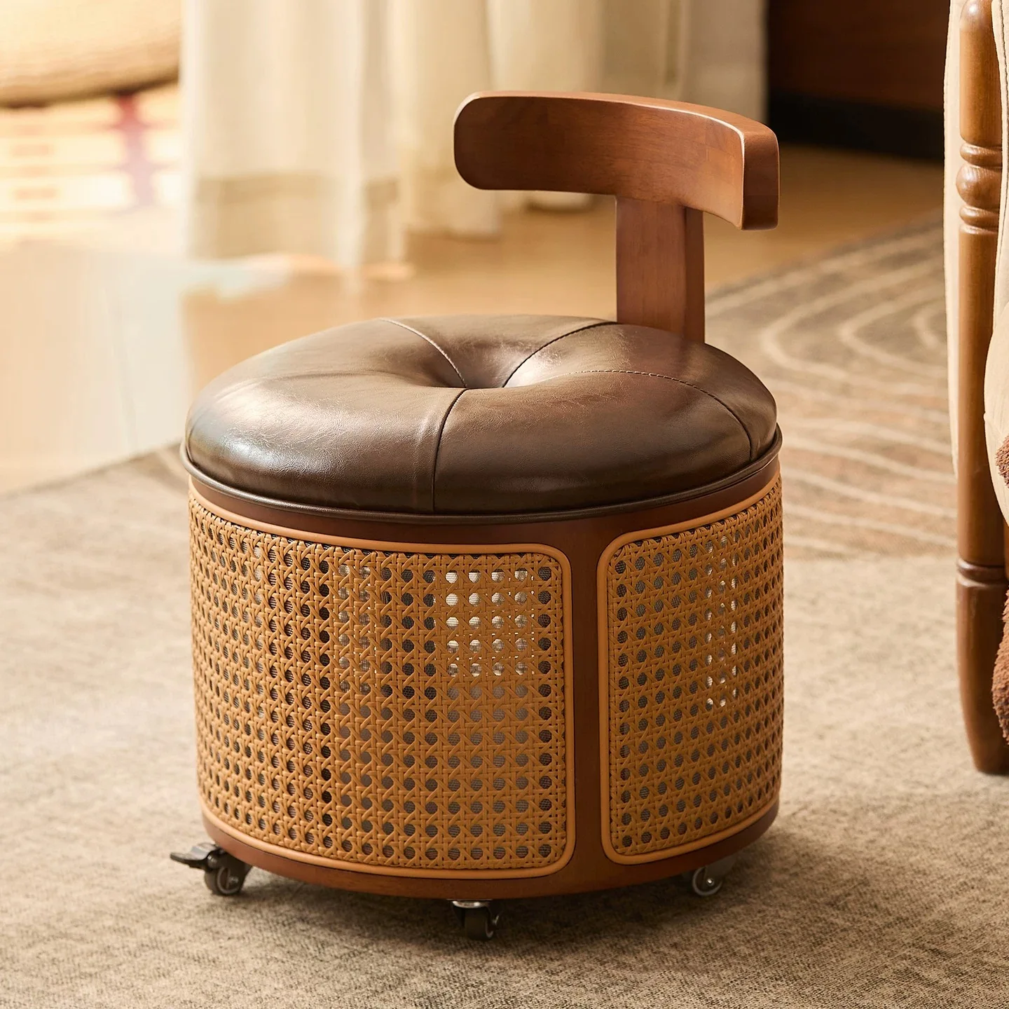 Universal wheel small stool, household living room, solid wood backrest small chair, high-end storage stool