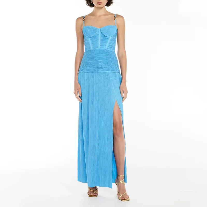 

European and American Socialite Style Long Dress2025New Style Elegant Strapless Solid Color Ruched Split Design Long Dress