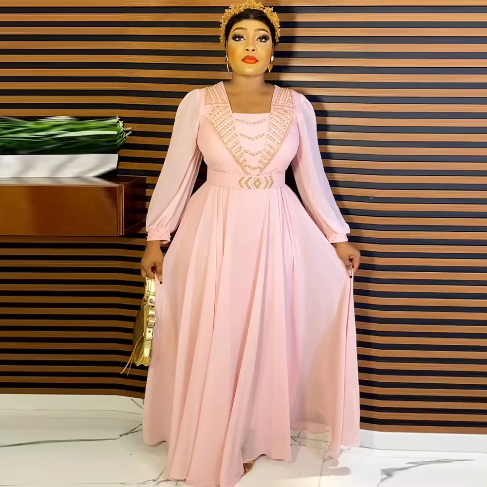 

MD Dubai African Chiffon Dresses For Women Wedding Party Long Sleeve Robe Muslim Kaftan Abaya Plus Size Boubou Evening Gown