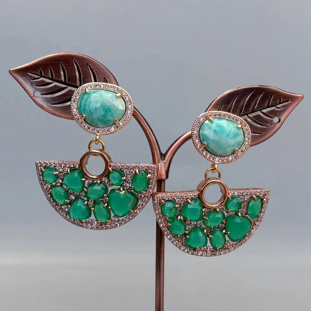 Y.YING Natural Green Amazonite Cat Eye Big Stud Earrings Luxurious Style Exquisite Women Earring