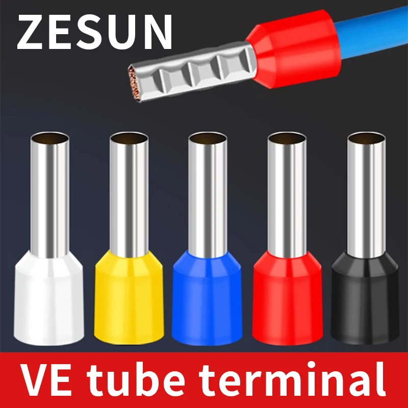 200PCS VE brass tube type pre insulated pin terminal connector with cold pressed copper wire nose E1508/2508/4009/6012 AWG22-7