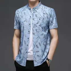 Minimalist Summer Square Neck Printed Men's Pocket Single Row Multi Button Casual Versatile Short Sleeved Loose Shirt Tops