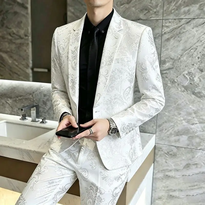 Herrenanzüge, modische Anzüge für Hochzeiten, lässige Slim-Fit-Anzüge, Friseuranzüge, Herrenanzüge im koreanischen Stil, Anzüge für Bankette, Business-Anzüge, Goldprägung, Anzüge – Detail 7