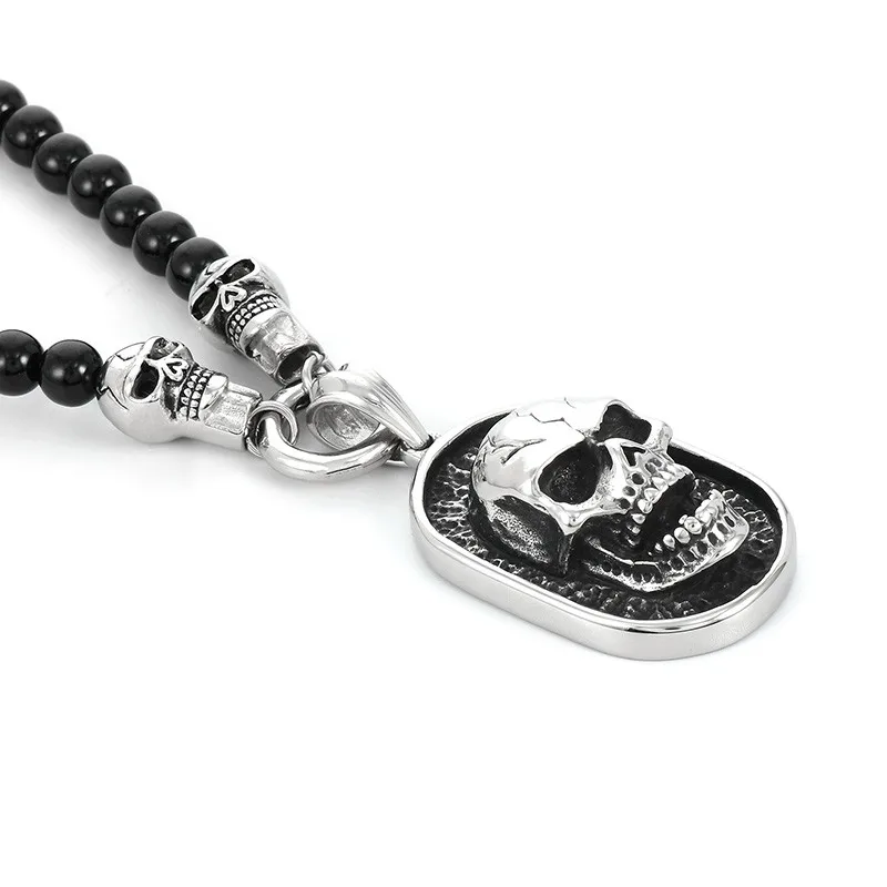 Kalen Black Rosary Beads Necklace for Men Punk Stainless Steel Skull Pendant Cool Necklace Male Agate Jewelry Boyfriend Gift