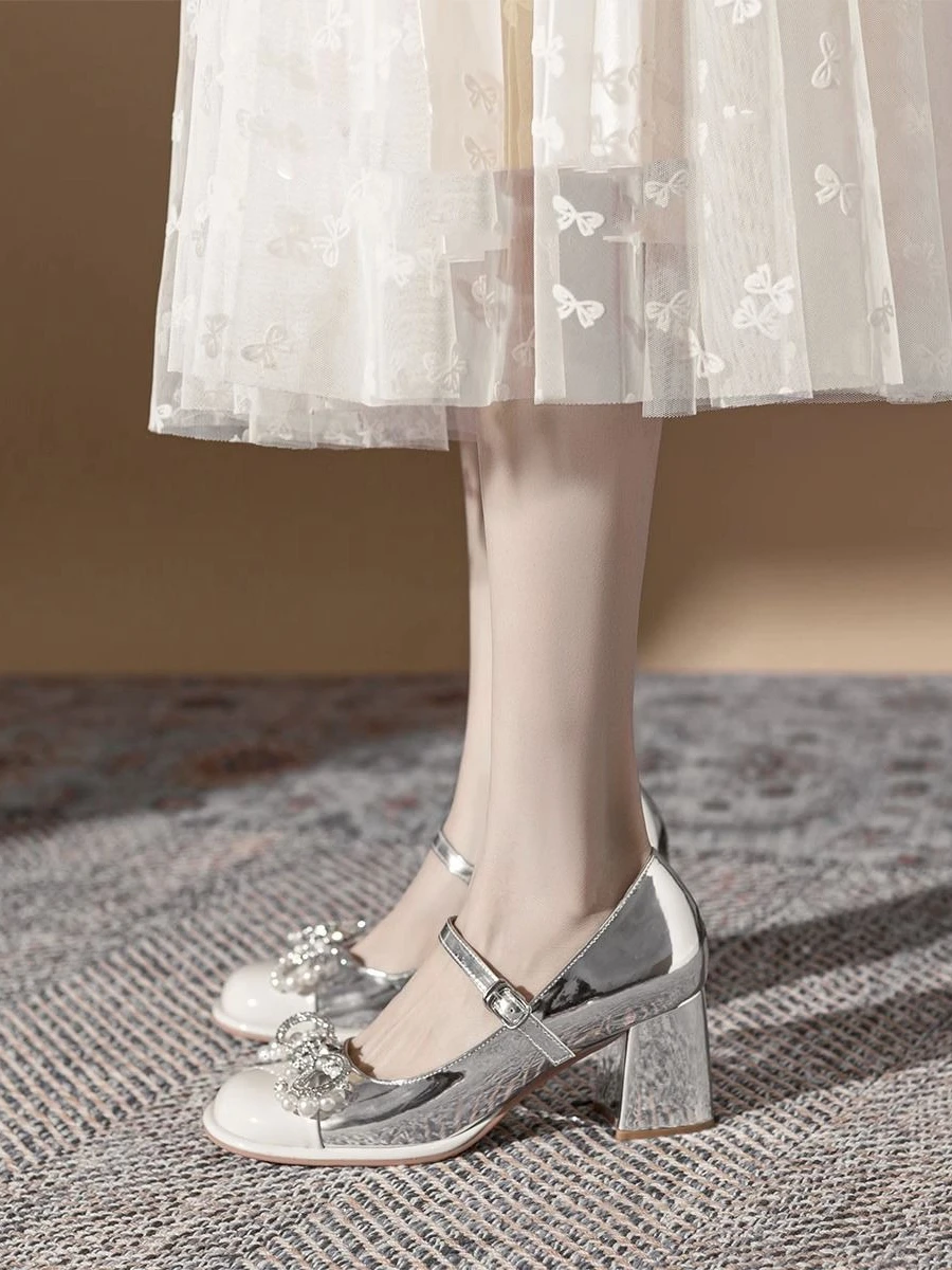

2025 New Summer Women's Silver Round Toe Chunky Heel High Heels Pearl Mary Jane Fairy Style Petite Footwear