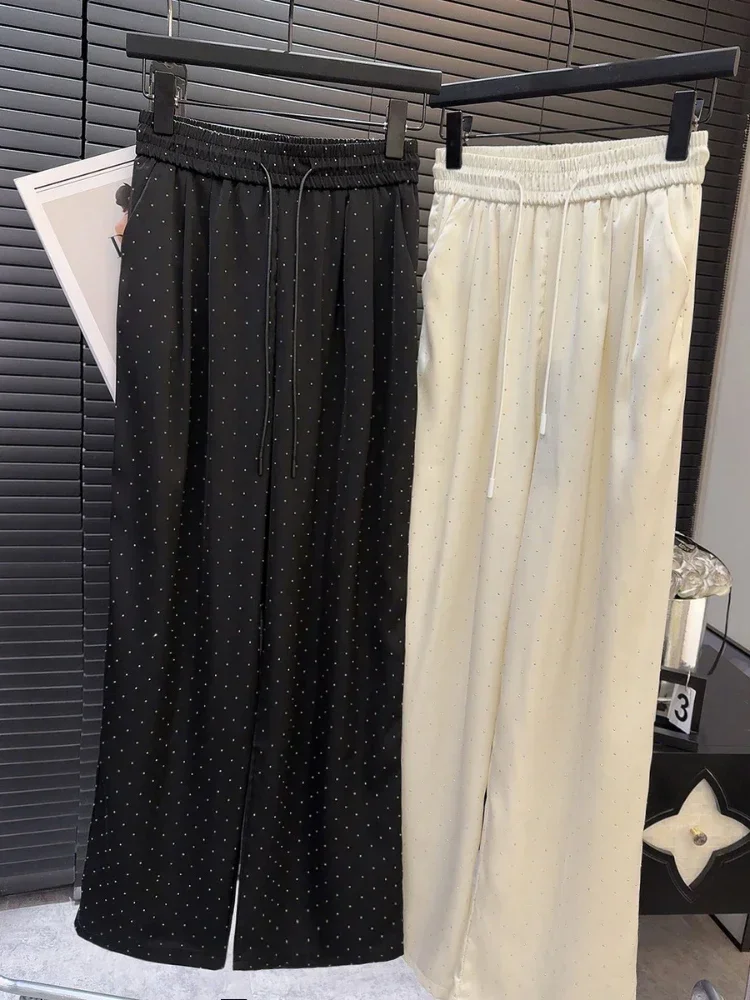 Gagarich Women Beading Solid Pants Spring Summer Wide Leg Korean Fashion Shine Elastic High Waist Trousers Bottom