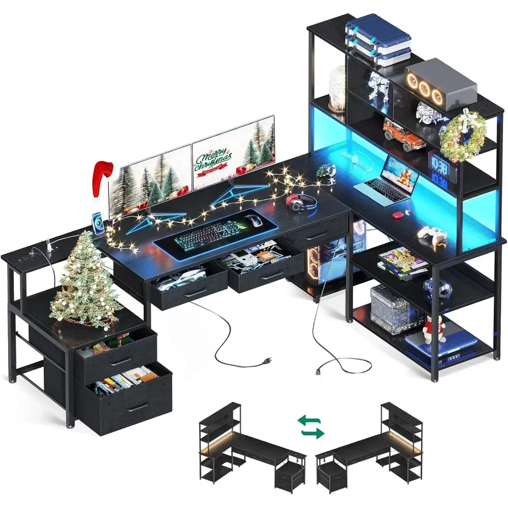 

79-inch L-shaped Table with File Drawer, Reversible L-shaped Gaming Table with Power Socket and LED Light