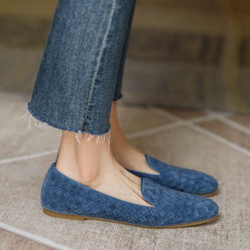 Women\'s Mules Outer Wear Sqaure Toe Flats Kid Suede Spring Lazier Flats Real Leather Simple Style Weave Mule Daily Loafer Shoes