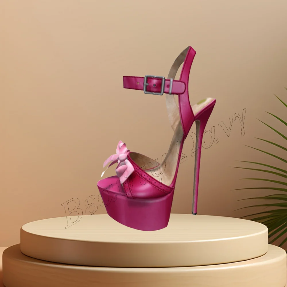 Pink Bow Knot Platform Sandals Ankle Buckle Sexy Round Toe Spike High Heel Shoes for Women High Heel 2024 Zapatillas Mujer