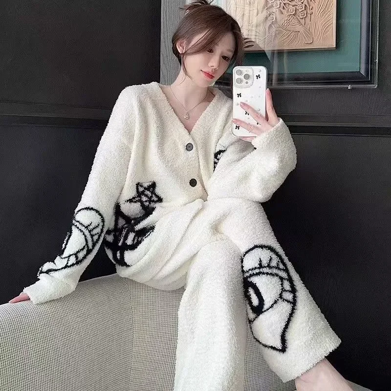 2026 Autumn and Winter Cardigan Pajamas Women's Set V-neck College Half-fleece Warm and Stylish Loose Casual Home Wear Thickened