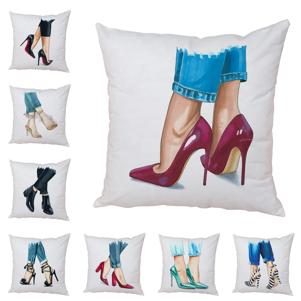 Lady High Heel Shoes Print Cushion Cover for Car Sofa Home Peach Skin Pillow Case Decor Cartoon Throw Pillowcase 45x45cm