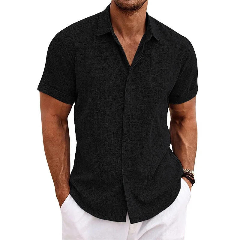 Summer Men's Casual Shirts Fashion Solid Color Stand Collar Single-breasted Cotton Blended Breathable Business Daily Shirts