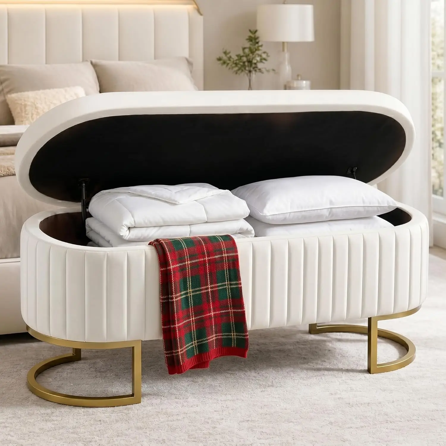 

51' Velvet Storage Bench for Bedroom, 27 Gallon Large Capacity End of Bed Bench with Gold Legs
