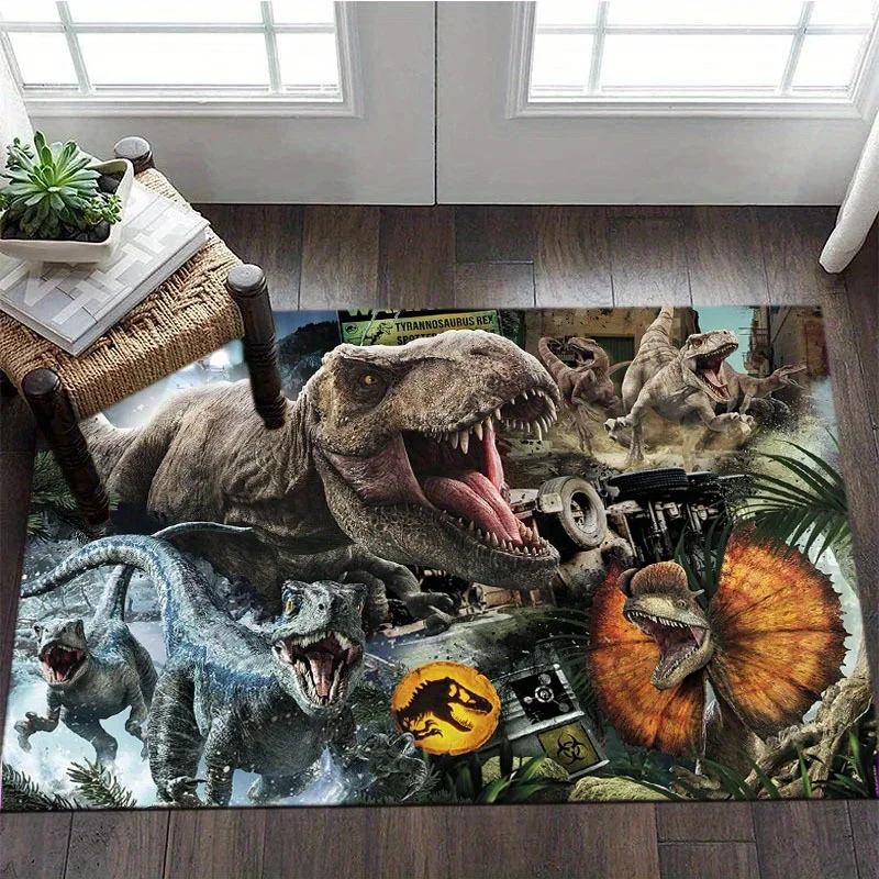 Jurassic Dilophosaurus T-Rex Velociraptor Area Rug, Durable Polyester Dinosaur Theme Mat for Living Room Bedroom Kitchen Outdoor