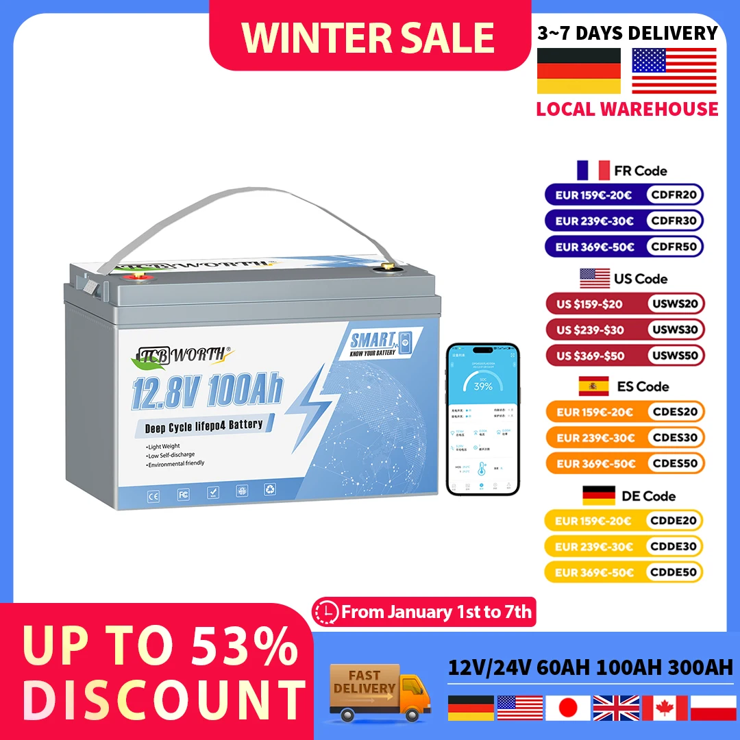 

12V 100Ah LiFePO4 Battery 1280WH Grade A Cells Lithium Battery with 100A BMS Up to 6000+ Deep Cycle Battery for RV,Camping,Solar