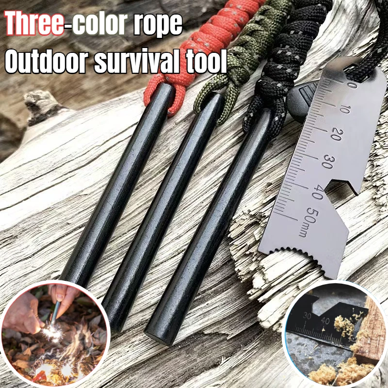 Encendedor de fuego multifuncional para supervivencia al aire libre, varilla de ferrocerio con paracord y raspador, acero de fuego de emergencia para camping