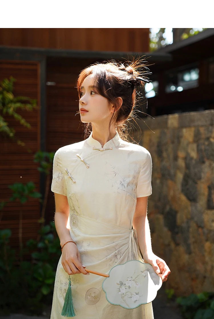 Women Summer Chinese Style Floral Print Cheongsam Dress Elegant High-Waisted Short Sleeve Qipao Petite Fit Retro Oriental Dress - Image 3