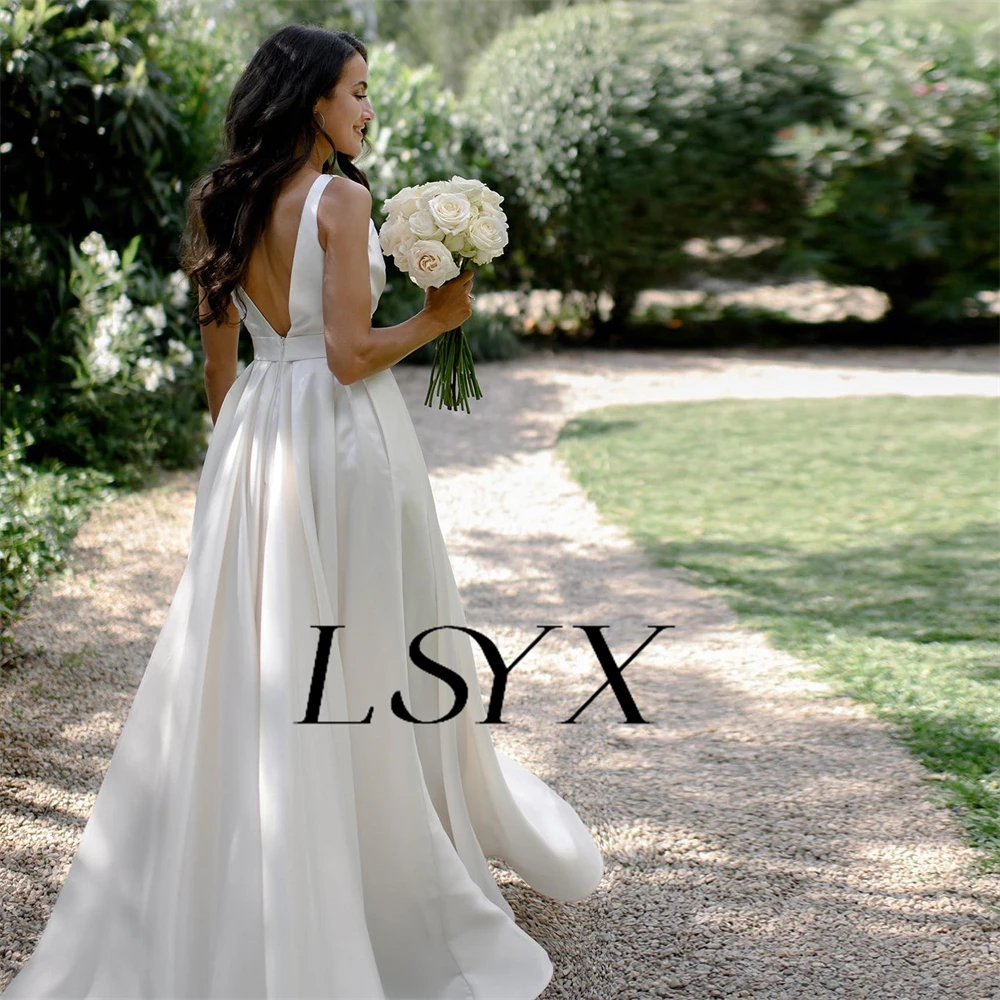 LSYX Simple Deep V Neck Sleeveless High Slit Pleats Satin White Wedding Dress Open Back Court Train Bridal Gown Custom Made